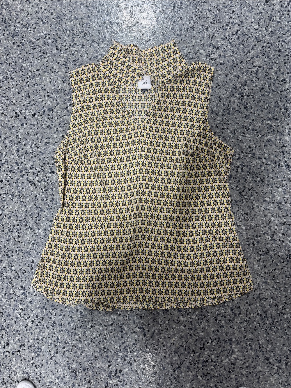 CAbi Yellow and Black Floral Mock Neck Sleeveless Top